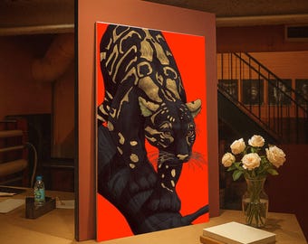 Handgemachte Leinwand Kunst Schwarzer Panther, Wildtiere, Abstrakt, Orange Hintergrund