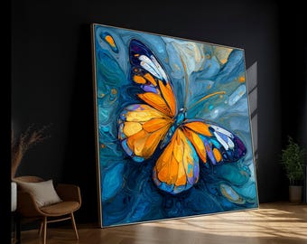Vibrant Monarch Butterfly Canvas Wall Art, Abstract Floral Insect Painting, Nature Home Decor, Colorful Orange Blue Artwork