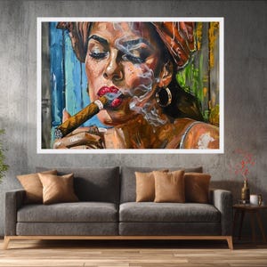 Bold Woman Smoking Cigar Canvas, Urban Wall Art Painting, Modern Portrait Canvas, Colorful Home Decor, Ready to Hang Artwork image 5