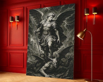 Archangel Michael Defeating Satan Canvas, Religious Wall Art, Spiritual Battle Scene, Gothic Angel Artwork, Mythical Canvas Decoration