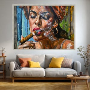 Bold Woman Smoking Cigar Canvas, Urban Wall Art Painting, Modern Portrait Canvas, Colorful Home Decor, Ready to Hang Artwork image 3