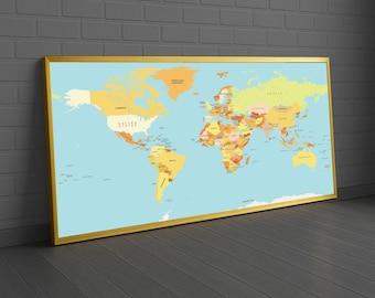 Colorful World Political Map Canvas, Educational Wall Art, Global Geography Canvas, Home Office Decor, Travel and Exploration Artwork