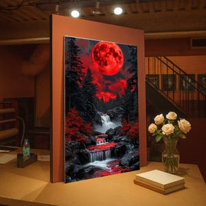 Red Moonlit Waterfall Canvas, Dramatic Night Landscape, Forest Nature Wall Art, Mystical Red Sky Canvas, Home Decor Ready to Hang