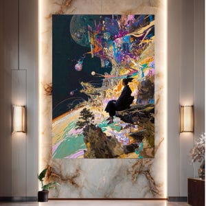 Lienzo de meditación cósmica surrealista, arte espacial abstracto, decoración de pared de paisaje onírico, pintura de paisaje místico, arte mural moderno en lienzo imagen 6