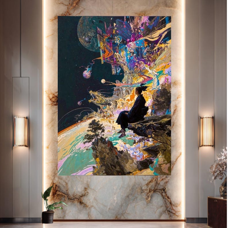 Lienzo de meditación cósmica surrealista, arte espacial abstracto, decoración de pared de paisaje onírico, pintura de paisaje místico, arte mural moderno en lienzo imagen 6