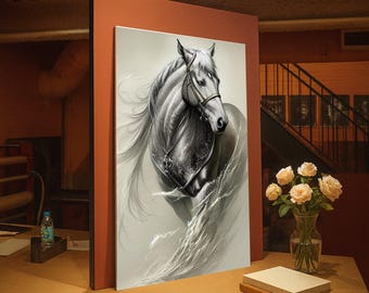 雄大な疾走馬のキャンバス、乗馬アートプリント、白黒動物ウォールアート、ダイナミックな馬のキャンバス、室内装飾画