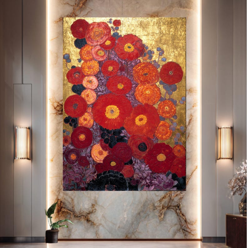 Gustav Klimt Floral Canvas Art – Golden, Red Flowers Painting - Etsy