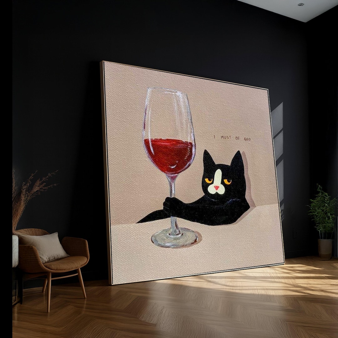 Sassy Black Cat With Wine Glass Canvas, Funny Cat Wall Art, Whimsical ...