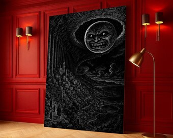 Dark Gothic Cityscape Canvas, Eerie Moon Face Wall Art, Fantasy Nightscape Canvas, Mystical Landscape Home Decor, Spooky Horror Scene Canvas