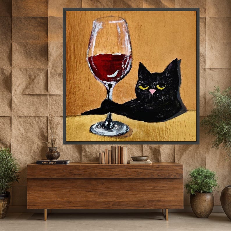 Playful Black Cat With Red Wine Glass Canvas, Whimsical Animal Art, Fun ...