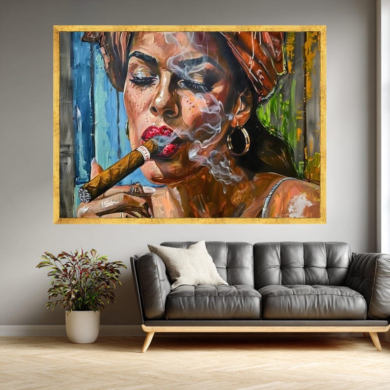 Bold Woman Smoking Cigar Canvas, Urban Wall Art Painting, Modern Portrait Canvas, Colorful Home Decor, Ready to Hang Artwork image 2