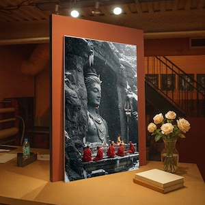 May include: A framed print depicting a large statue of a deity in a cave. The statue is grey, with figures in red robes in front of a fire. The print is displayed on a table with a vase of flowers and books.