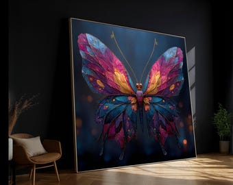 Vibrant Butterfly Canvas Wall Art, Colorful Insect Illustration, Abstract Nature Decor, Home Decoration, Ready to Hang Painting