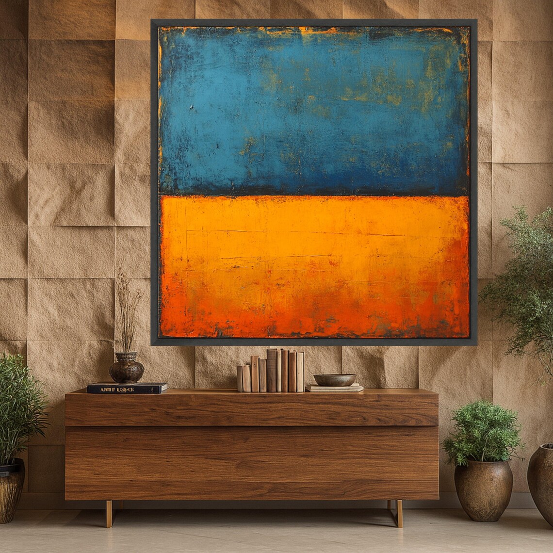 Abstract Blue and Orange Canvas Art, Modern Color Block Wall Decor ...