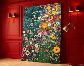 May include: A large rectangular canvas painting featuring a dense, vibrant field of multicolored flowers against a deep teal background. The artwork displays a variety of blossoms in shades of yellow, pink, red, white, and purple, arranged in a textured, painterly style.
