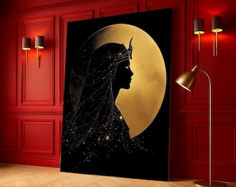 Celestial Queen Silhouette Canvas, Gold Moon Wall Art, Mystical Night Sky Decoration, Ethereal Woman Profile Canvas, Ready to Hang Home