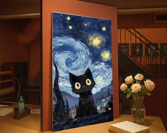 Starry Night with Black Cat Canvas, Whimsical Night Sky Wall Art, Van Gogh Canvas, Cute Cat Illustration, Home Decor Canvas Art