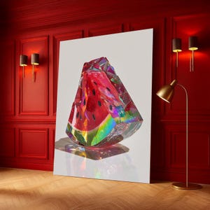 Puede incluir: Una obra de arte que representa una rodaja de sandía dentro de una estructura cristalina transparente. La pulpa roja y las semillas negras de la sandía son visibles, con reflejos iridiscentes. La obra se presenta sobre un fondo blanco, creando un contraste llamativo.