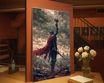 Dark Fantasy Warrior Canvas, Gothic Knight with Crown, Medieval Battle Scene Wall Art, Dramatic Red Cape Canvas, Epic War Home Decoration