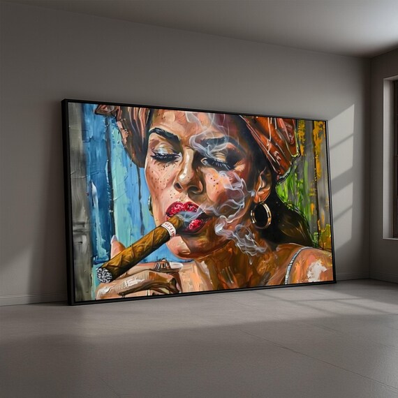 Bold Woman Smoking Cigar Canvas, Urban Wall Art Painting, Modern Portrait Canvas, Colorful Home Decor, Ready to Hang Artwork