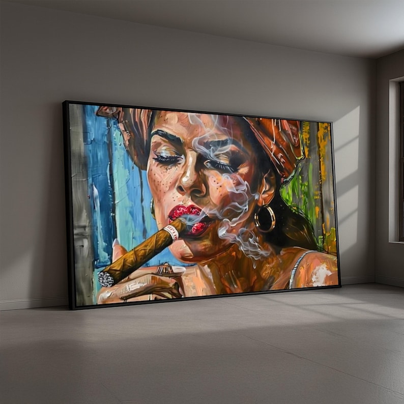 Bold Woman Smoking Cigar Canvas, Urban Wall Art Painting, Modern Portrait Canvas, Colorful Home Decor, Ready to Hang Artwork image 1