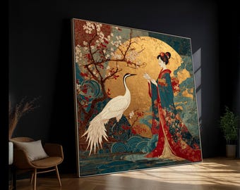 Elegant Japans geishadoek, traditionele kimonomuurkunst, kraanvogel en kersenbloesem, Aziatisch huisdecor, kunstwerk bladgoudaccent