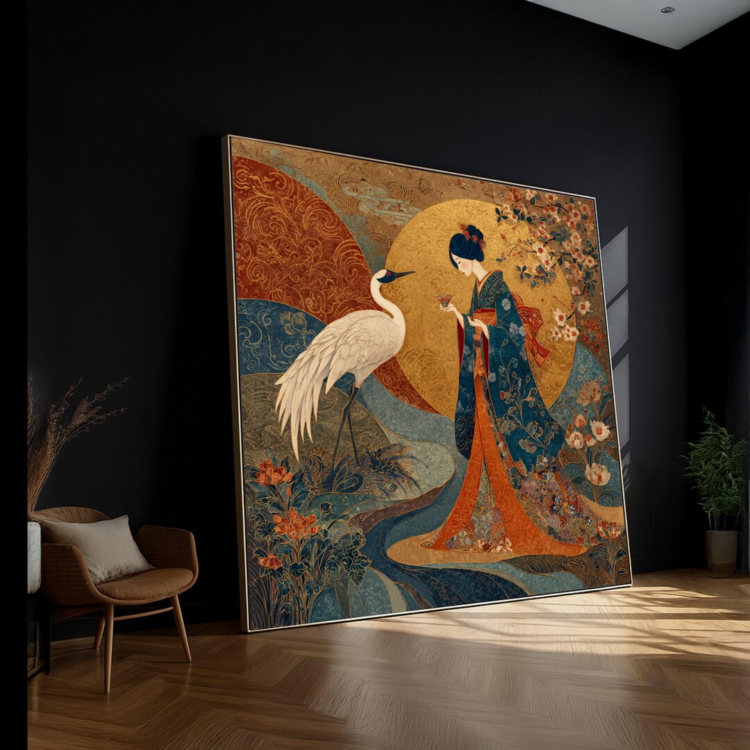 Elegant Geisha in Kimono With Crane Canvas, Japanese Traditional Art ...