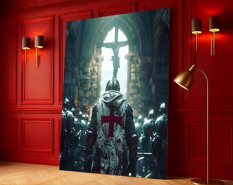 Medieval Knight with Red Cross Armor, Crusader Canvas Wall Art, Gothic Church Interior, Religious Historical Canvas, Warrior Knight Decor,