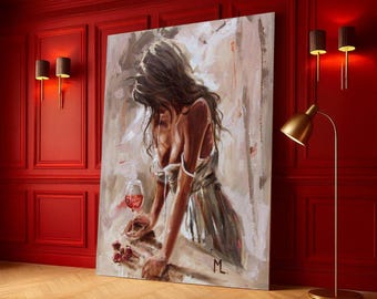 Sensual Woman with Wine Glass, Romantic Canvas Wall Art, Abstract Female Figure Painting, Elegant Home Decor, Intimate Atmosphere Canvas