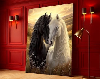 Quadro em tela com cavalos em preto e branco, retrato equino, feito à mão.