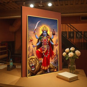 May include: A framed artwork showing a blue-skinned deity with multiple arms, holding a sword and trident, wearing a skull necklace, and standing on a lion. The background shows a fiery sky and a cityscape.