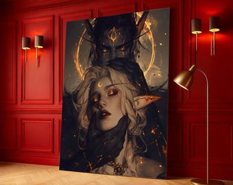 ダークファンタジーエルフカップルキャンバス、神秘的な月明かりの肖像画、魔法のエーテルウォールアート、ゴシックファンタジーキャンバス装飾、すぐに掛けられます