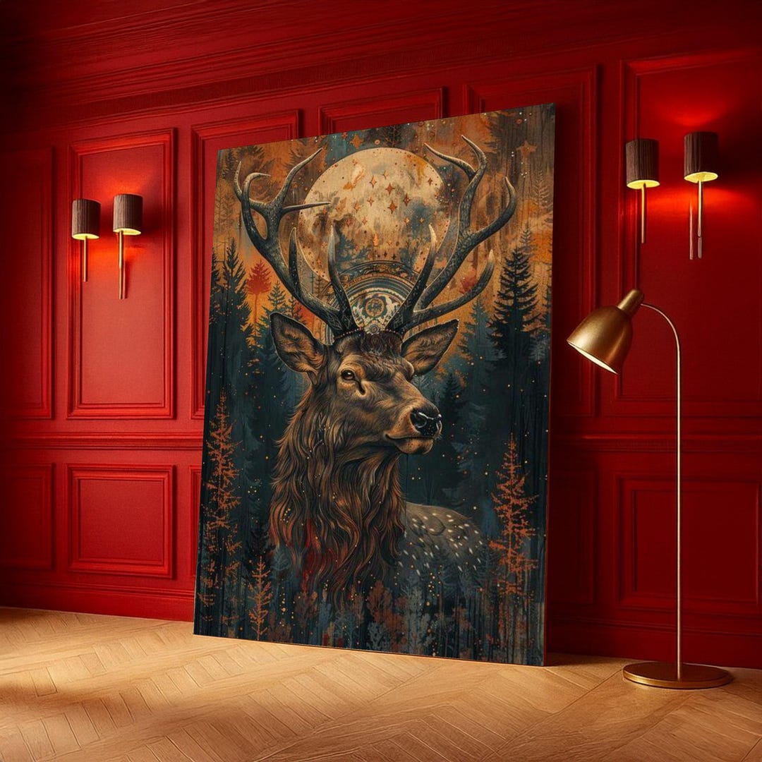Majestic Deer With Moonlit Forest Canvas, Mystical Nature Wall Art ...