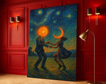 Dancing Couple with Sun and Moon Heads, Starry Night Sky Canvas, Whimsical Romantic Wall Art, Surreal Cosmic Canvas Decoration, Evening