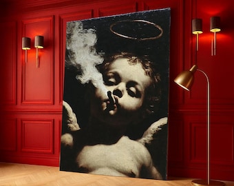 Vintage Cherub with Halo Canvas, Angelic Figure Wall Art, Classic Baroque Style Canvas, Dramatic Light and Shadow Decoration, Religious Art