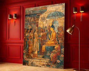 Ancient Buddha Gathering Canvas Wall Art, Spiritual Indian Mural Painting, Buddhist Temple Decor, Meditation Room Canvas, Sacred Art Print