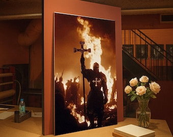 Medieval Crusader Knight with Cross, Fire Background Canvas Wall Art, Historical Armor Scene, Religious Symbolism Canvas, Dramatic