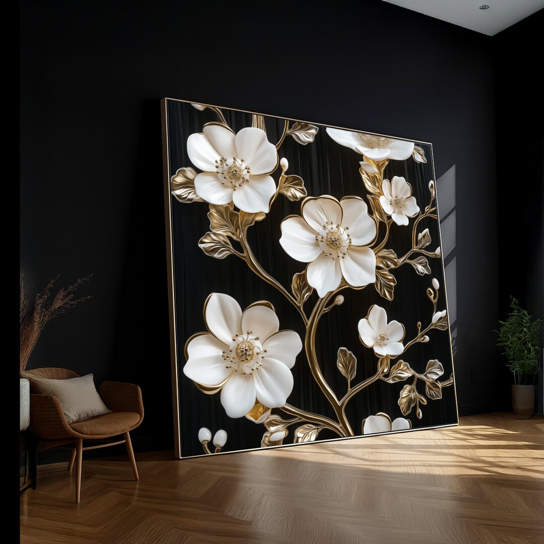 Elegant White and Gold Floral Canvas Wall Art, Luxury Flower Branch ...