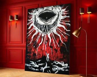 Abstract Dark Horror Canvas, Surreal Eye Monster Wall Art, Red and