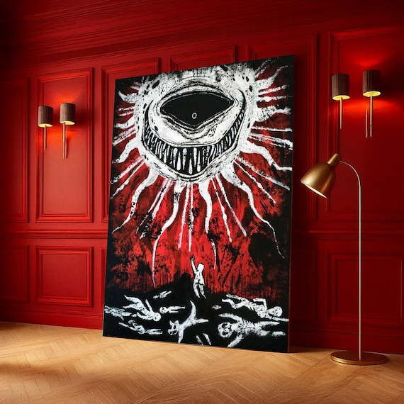 Abstract Dark Horror Canvas, Surreal Eye Monster Wall Art, Red and