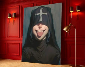 Playful Gothic Nun Portrait Canvas, Dark Humor Wall Art, Vampire Fangs Illustration, Quirky Religious Decor, Unique Canvas Wall Art