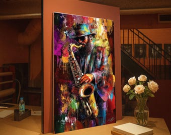 Cuadro de un saxofonista de jazz, decoración musical abstracta