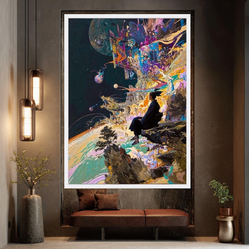 Lienzo de meditación cósmica surrealista, arte espacial abstracto, decoración de pared de paisaje onírico, pintura de paisaje místico, arte mural moderno en lienzo imagen 4