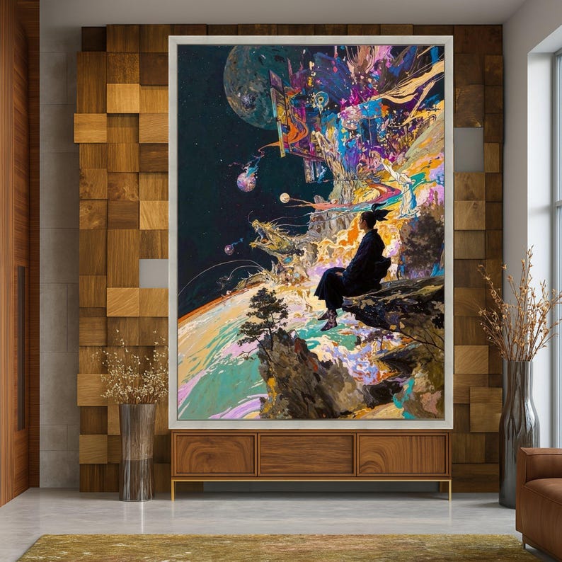 Lienzo de meditación cósmica surrealista, arte espacial abstracto, decoración de pared de paisaje onírico, pintura de paisaje místico, arte mural moderno en lienzo imagen 5