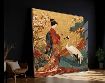 Elegante Japanse geisha met kraanvogeldoek, traditionele bloemenkimonokunst, muurdecoratie Aziatische cultuur, canvas oosterse vintage stijl, thuis