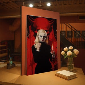 Puede incluir: Una impresión artística enmarcada que presenta a una mujer con un vestido negro sosteniendo un vaso de líquido rojo, con una figura de diablo rojo en el fondo. La obra de arte se exhibe sobre una mesa con un jarrón de rosas y una pila de libros.