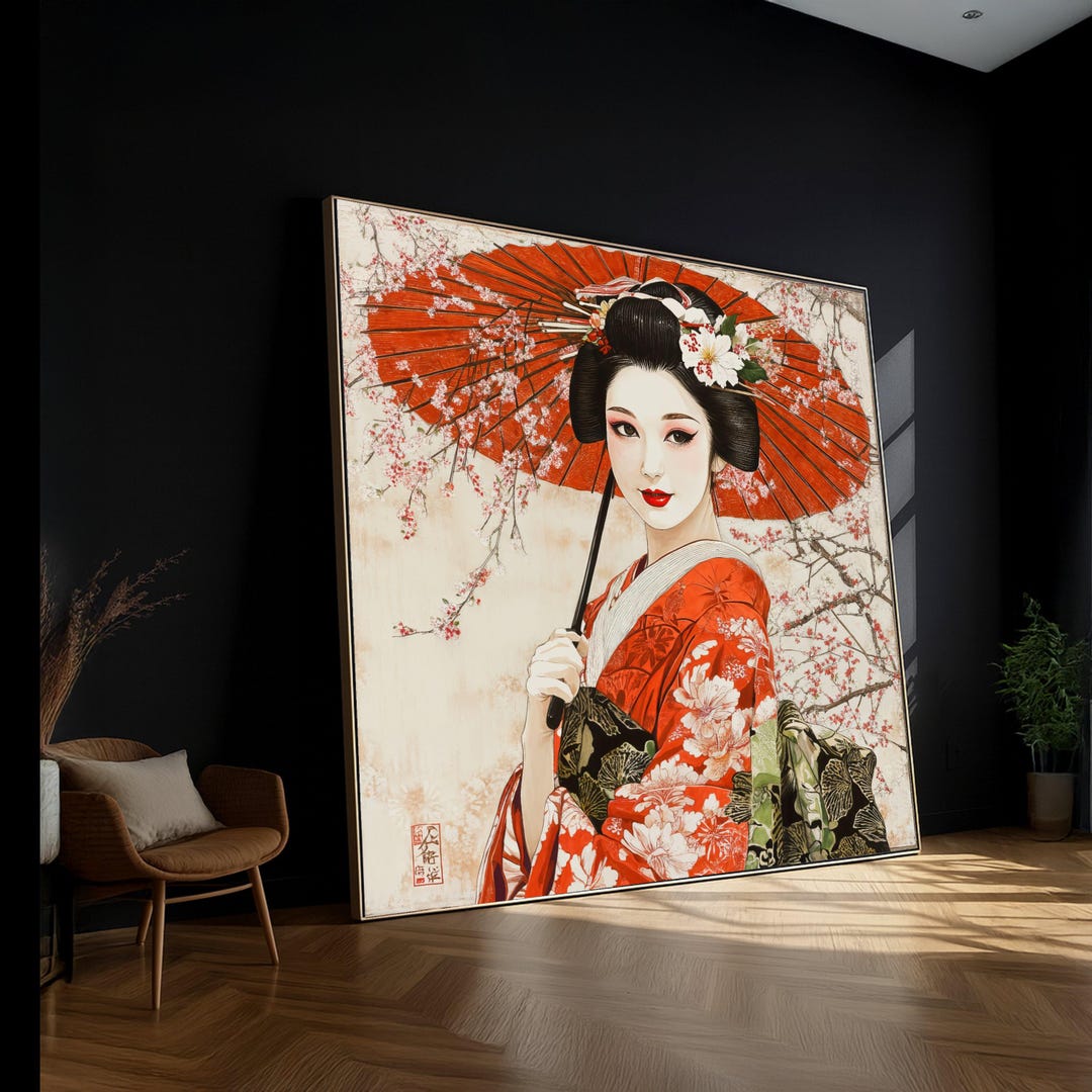 Elegant Geisha With Red Umbrella Canvas, Japanese Kimono Wall Art ...