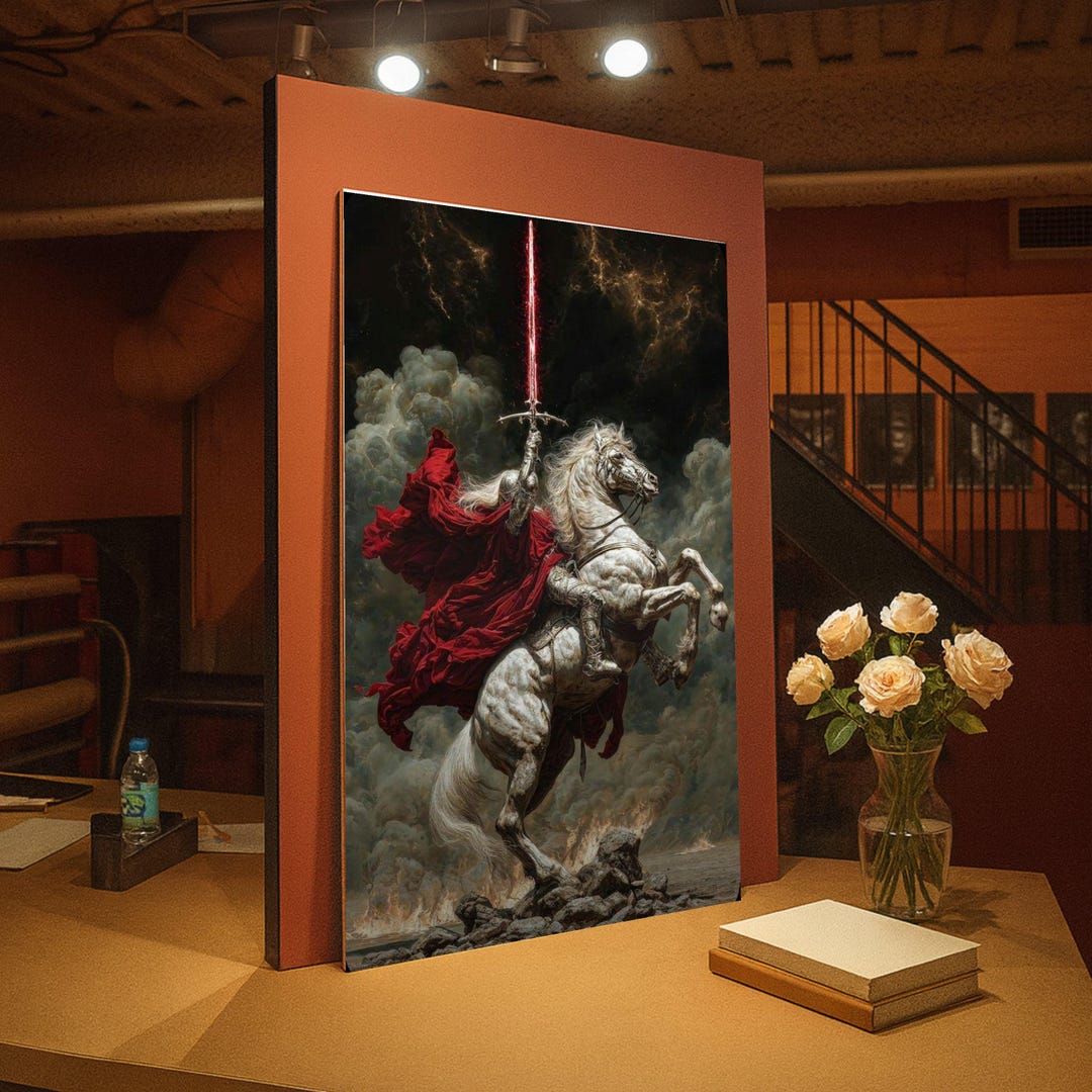 Fierce Knight on White Horse Canvas, Red Cape Warrior Wall Art, Fantasy ...