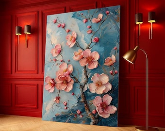 Roze magnoliabloesems canvas muurkunst, bloemen tak schilderij, bloemenkunst, woondecoratie, elegante wanddecoratie