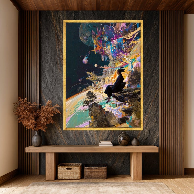 Lienzo de meditación cósmica surrealista, arte espacial abstracto, decoración de pared de paisaje onírico, pintura de paisaje místico, arte mural moderno en lienzo imagen 2